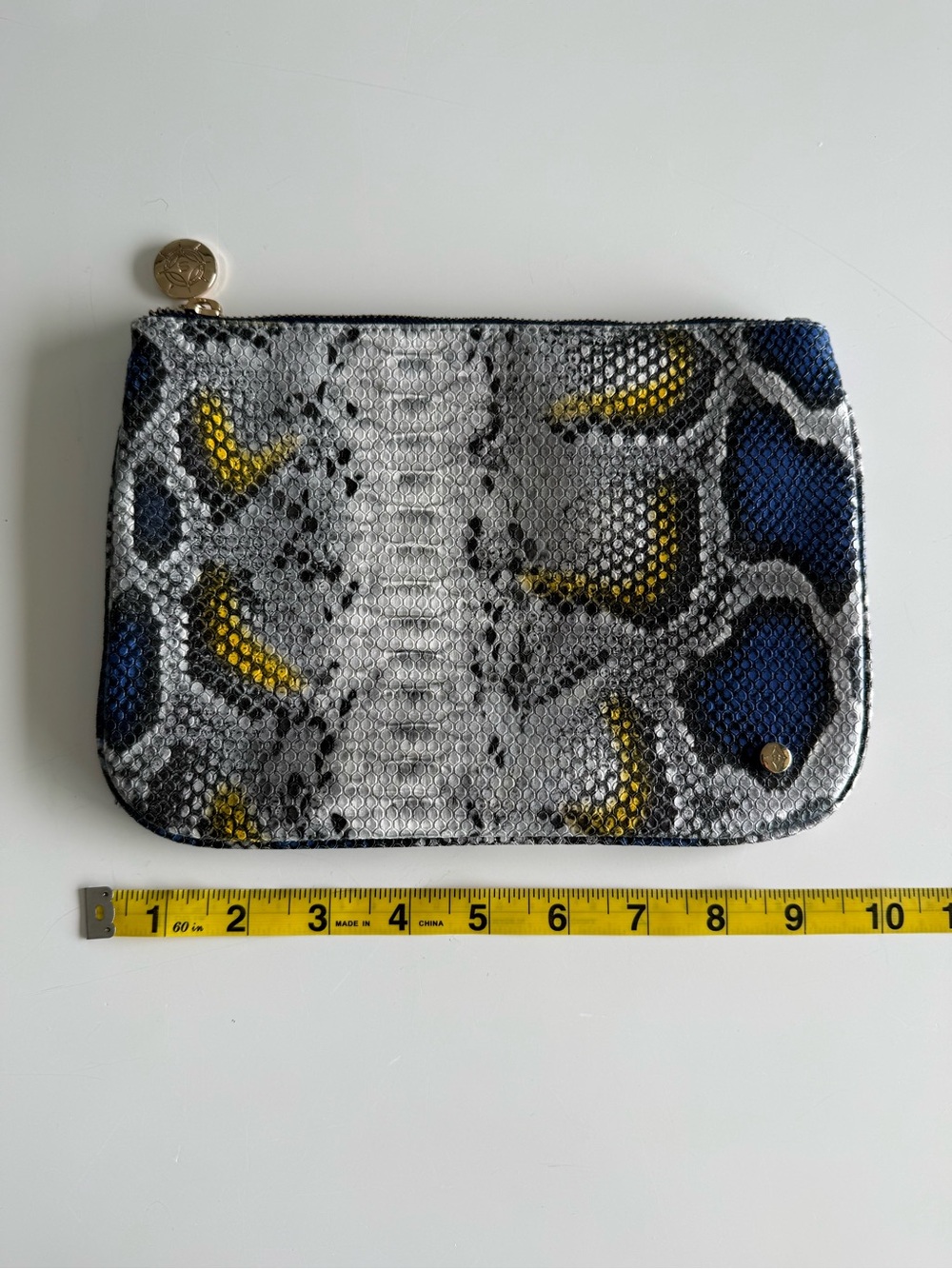 Snake-Print Zip Pouch in Gray, Blue & Yellow
